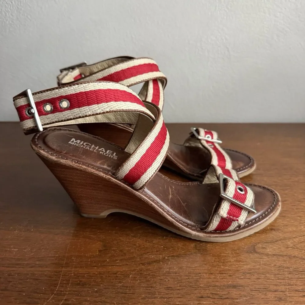 Michael Kors Leather Wedge Ankle Buckle Strap Sandals Shoe Sz 6.5 Red Stripe